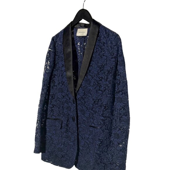 Gucci Navy Blue Lace Satin Tuxedo Lapel Blazer - Picture 2 of 7